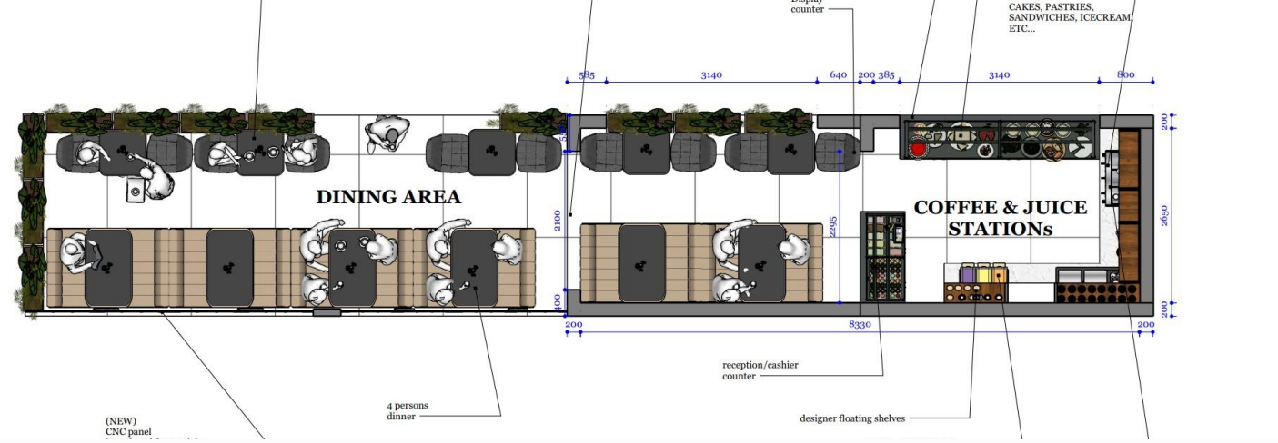 Coffee shop floor plan with multiple stations